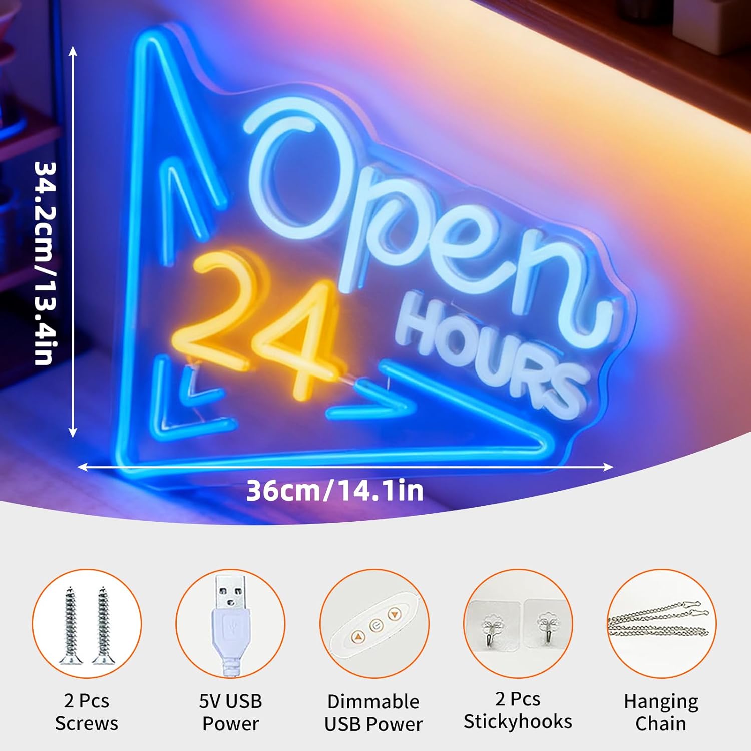  24 Hours Open Neon Sign USB  - đánh giá và giá Decor Lighting Opening Hours
