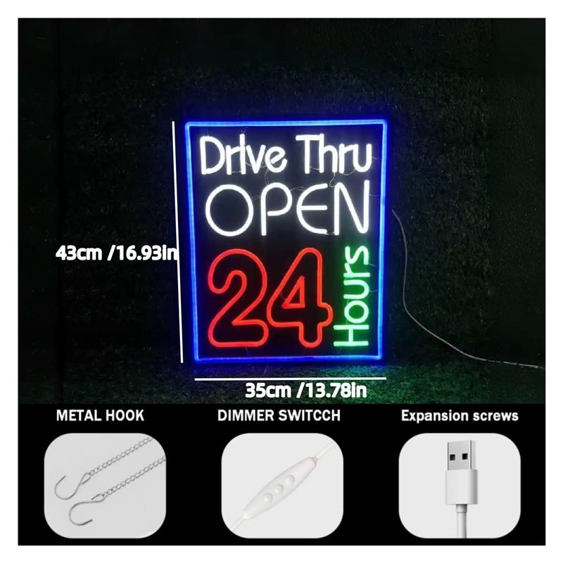 Drive Thru Open 24 Hours Neon  - đánh giá và giá Decor Lighting Opening Hours